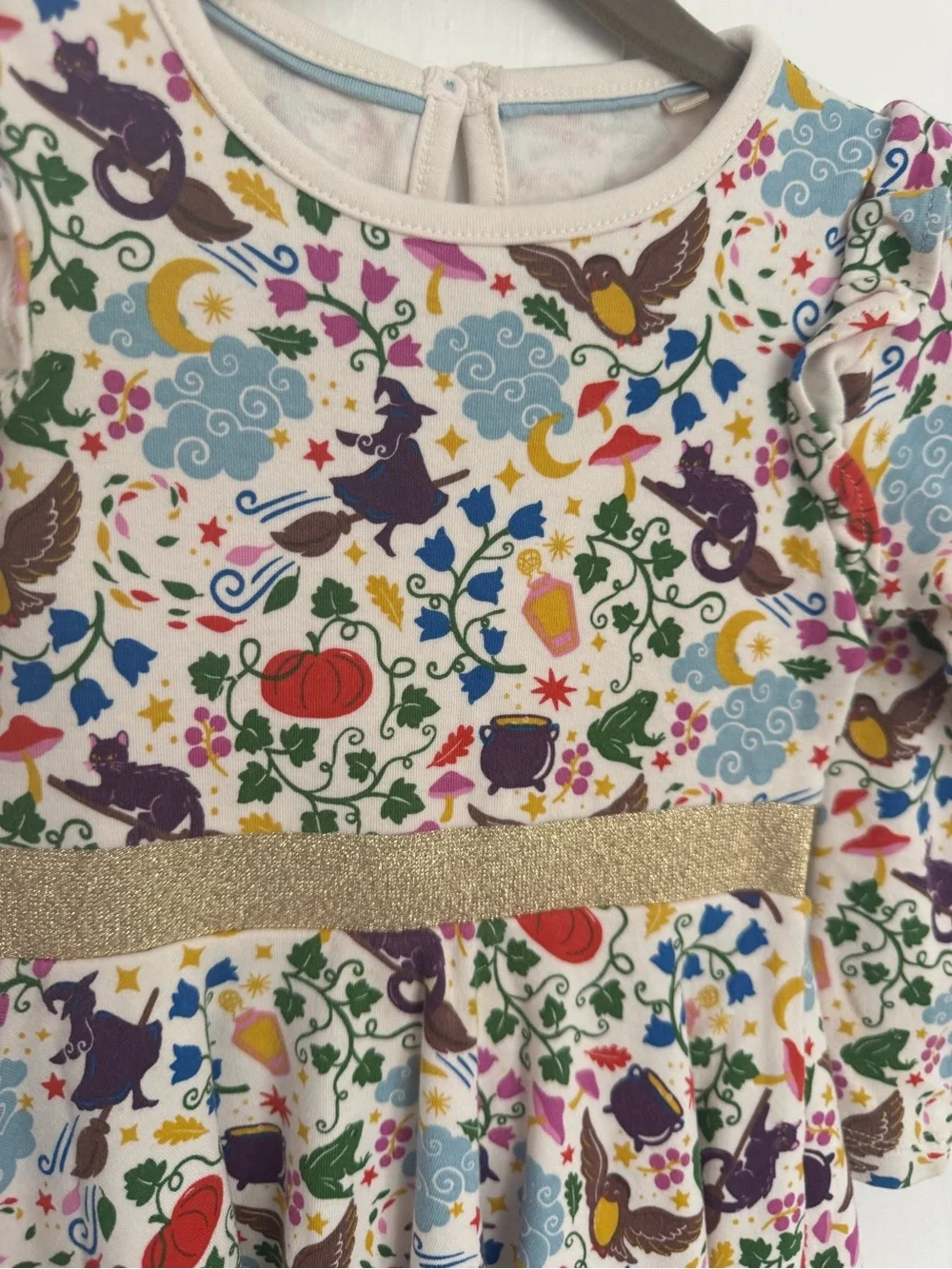 Mini Boden White Long-Sleeve Fairy Tale Print Dress with Gold Waistband
